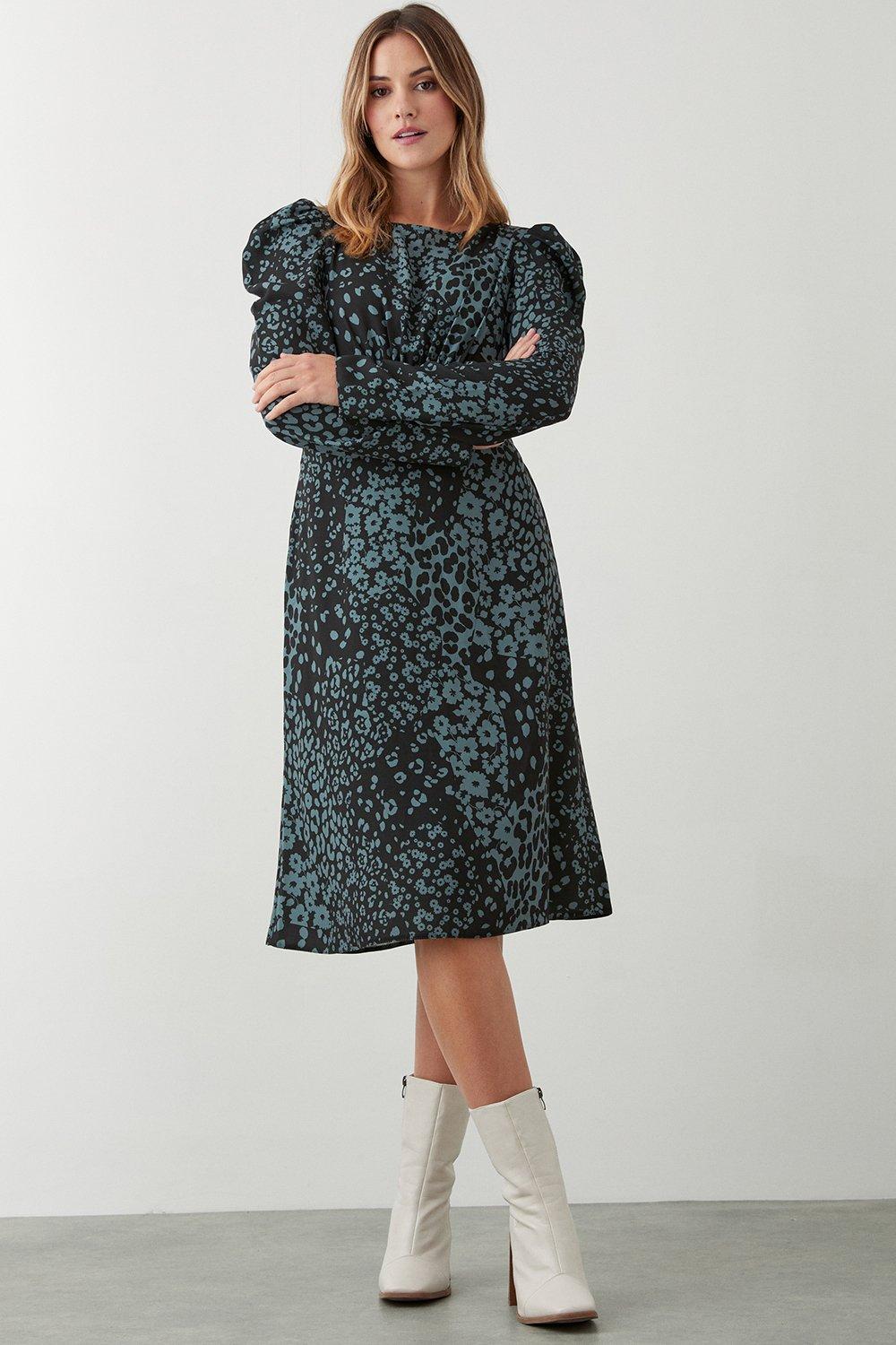 Womens Khaki Print Long Sleeve Empire Midi Dress