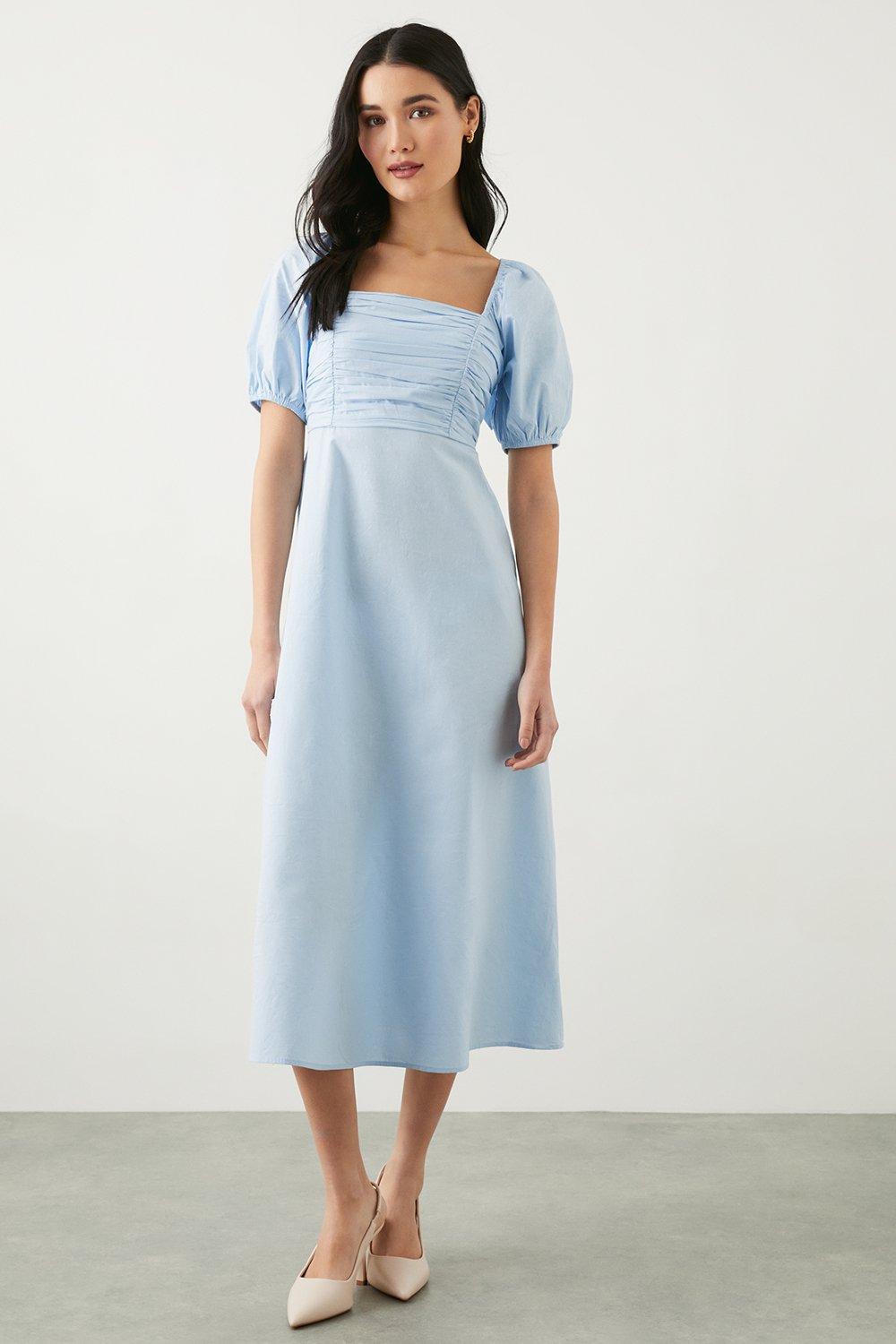 Womens Petite Blue Poplin Ruched Midi Dress