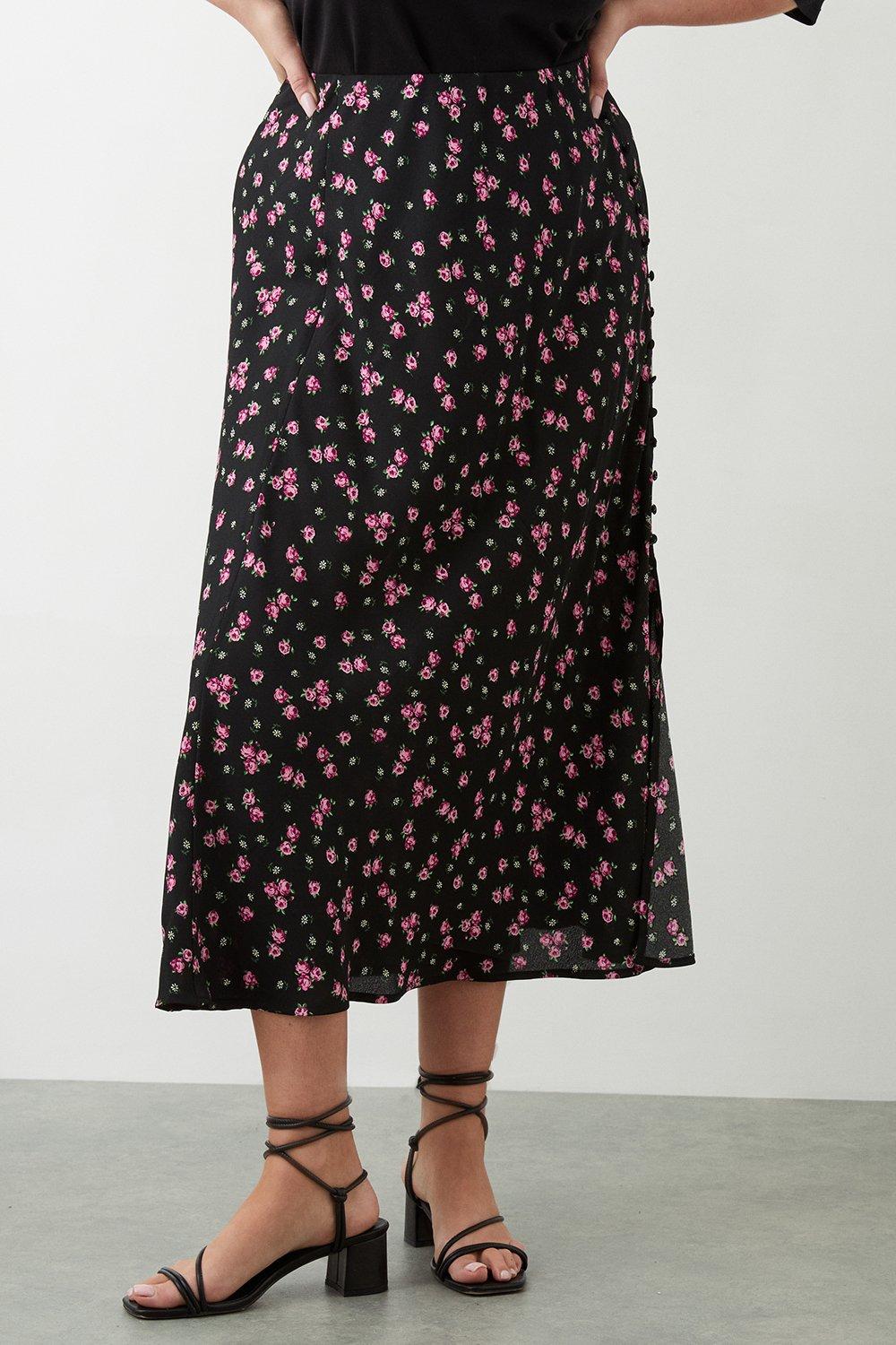 Womens Curve Black Floral Split Midi Skirt