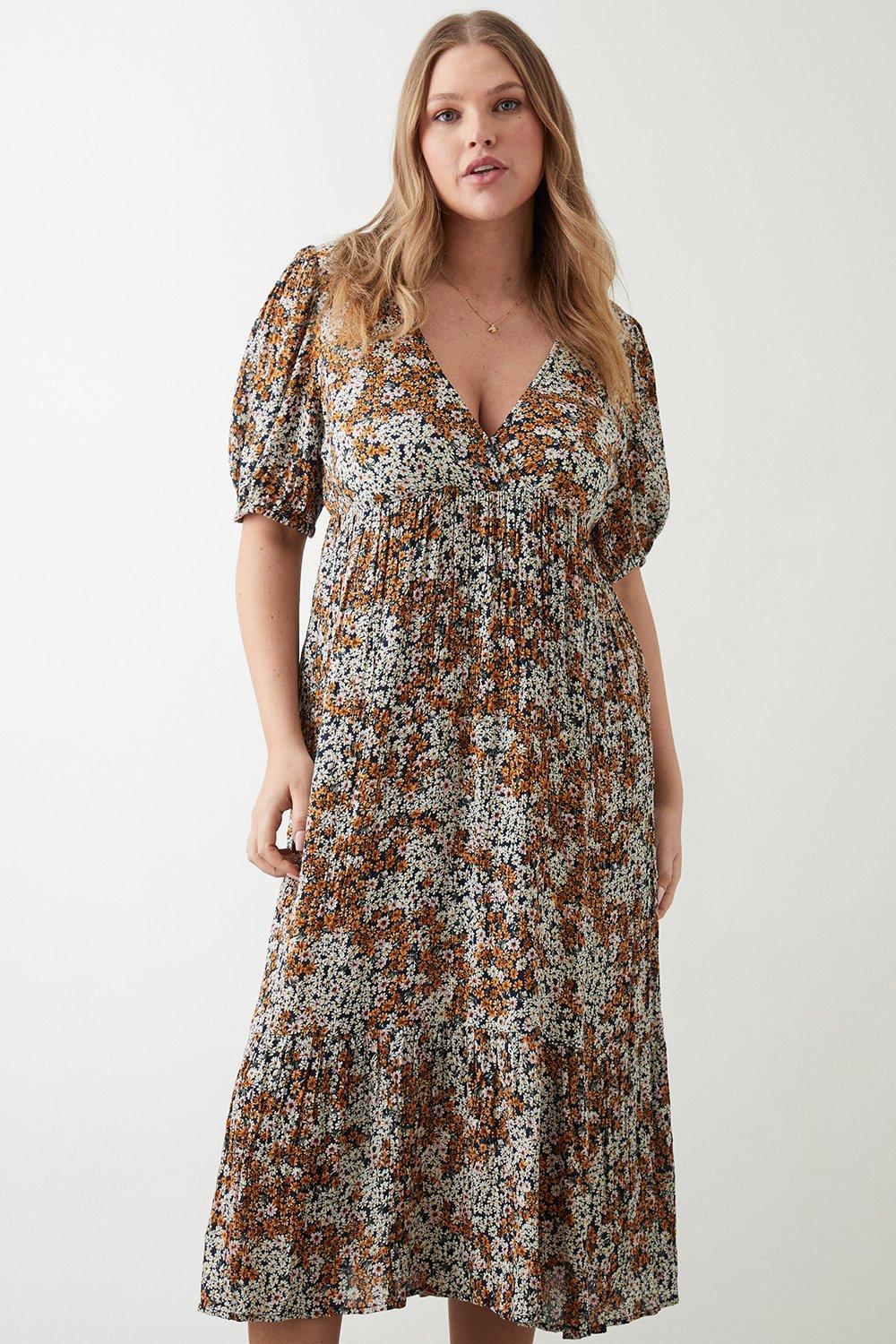 Womens Curve Ditsy Floral Crinkle Wrap Midi Dress