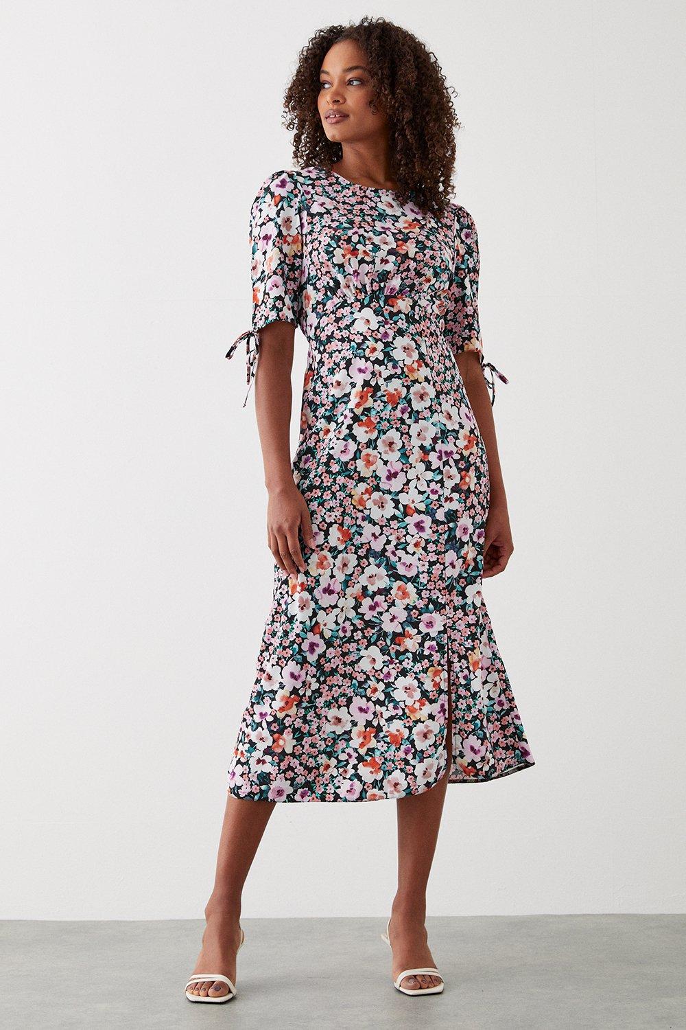 Womens Tall Floral Ruched Sleeve Midi Dress