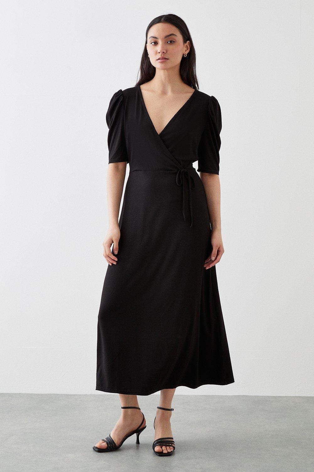 Womens Petite Black Ruched Sleeve Wrap Midi Dress