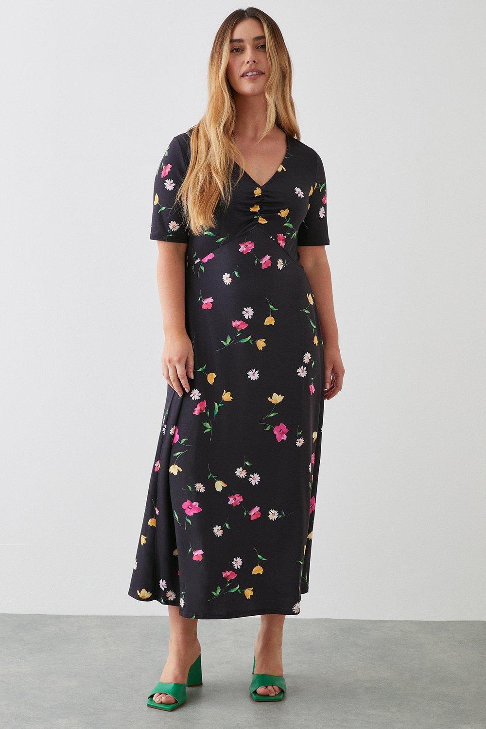 Womens Black Floral Ruched Front Midi Dress
