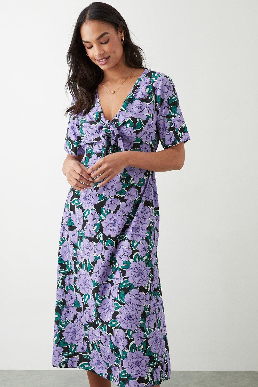 Womens Lilac Large Floral  Tie Front Midi Dress
