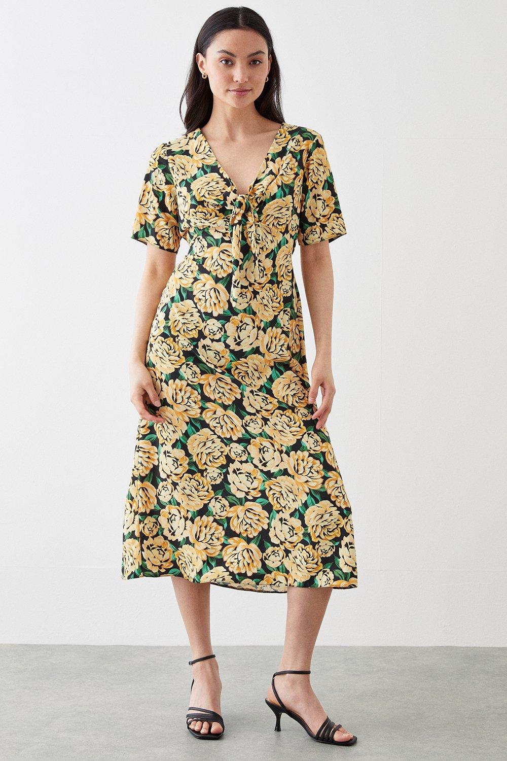 Womens Petite Yellow Floral Tie Front Midi Dress