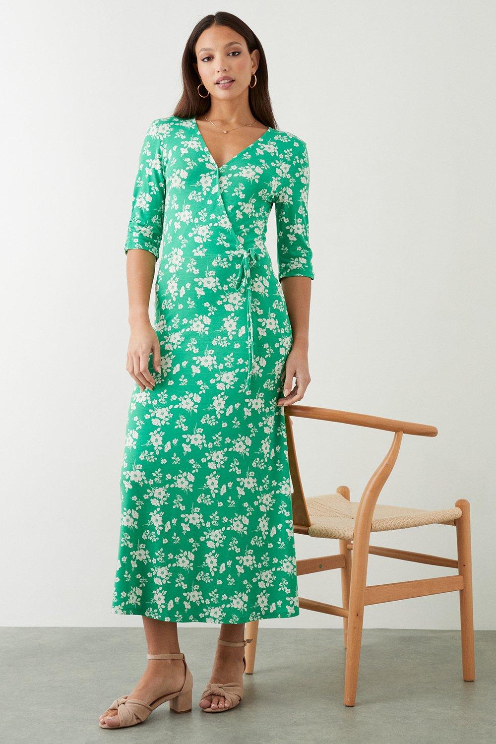 Womens Tall Green Floral Wrap Midi Dress