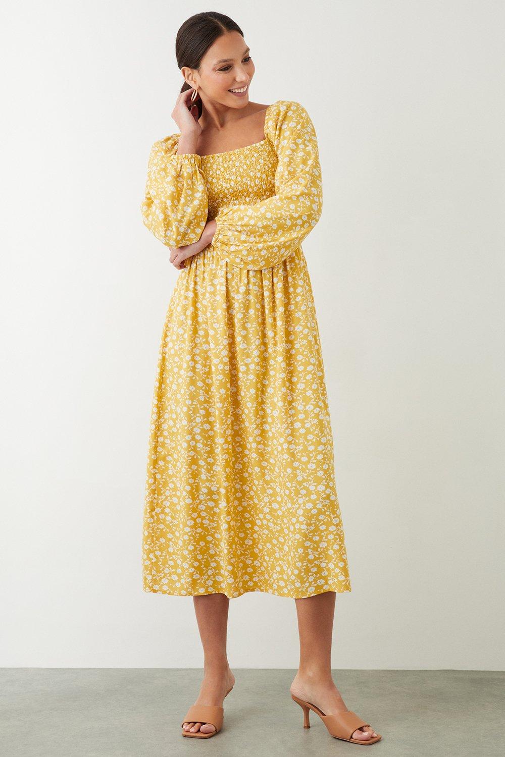 Womens Yellow Ditsy Shirred Bodice Midi Dress