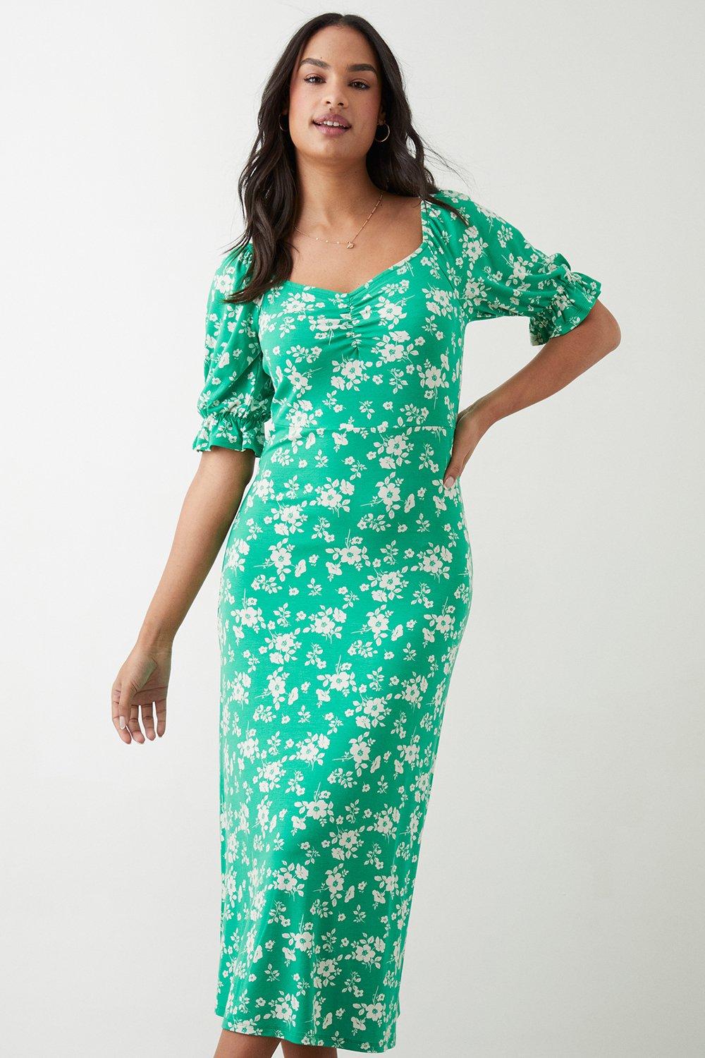 Womens Green Floral Sweetheart Neck Midi Dress