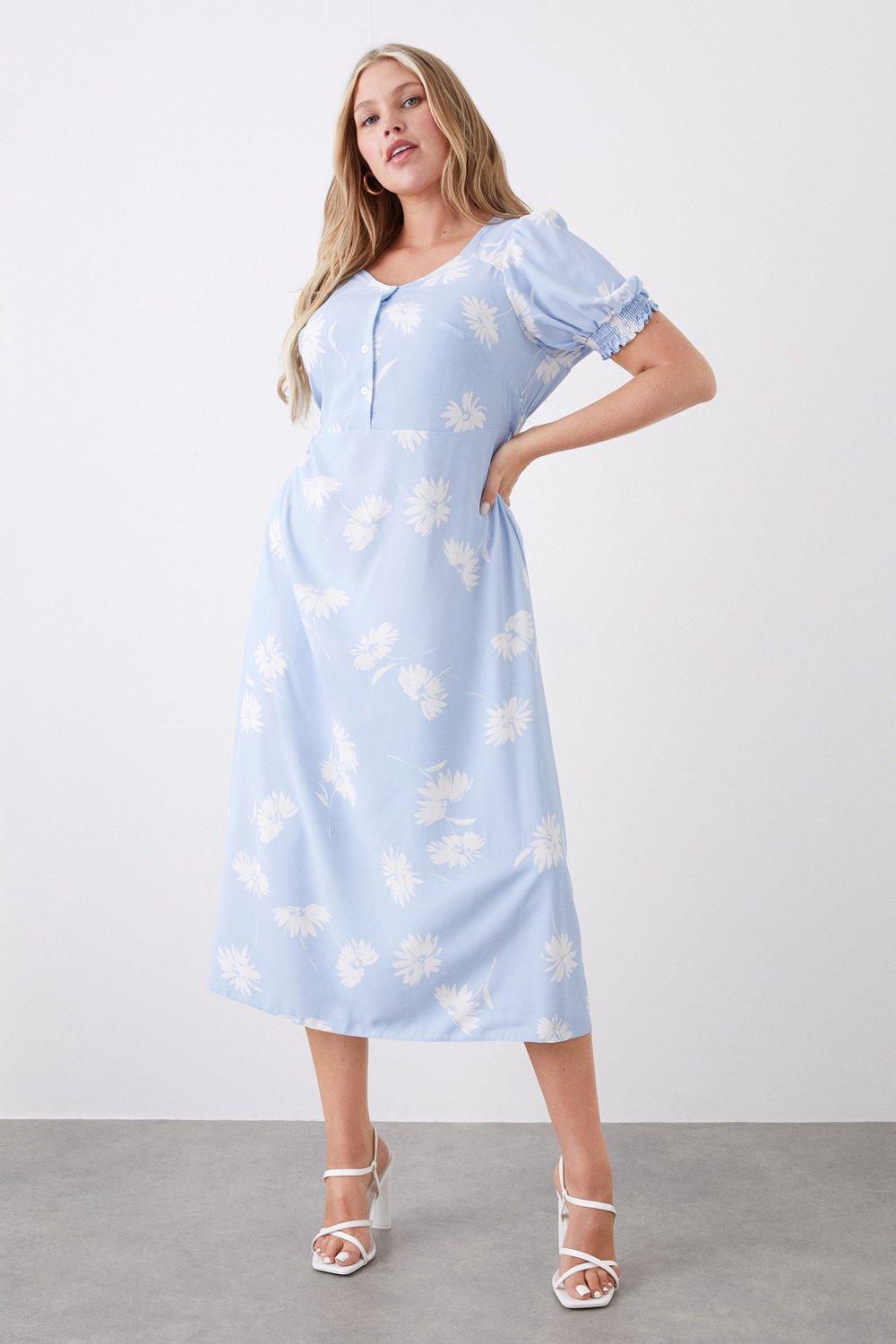 Womens Curve Blue Spaced Floral Button Front Midi Dress