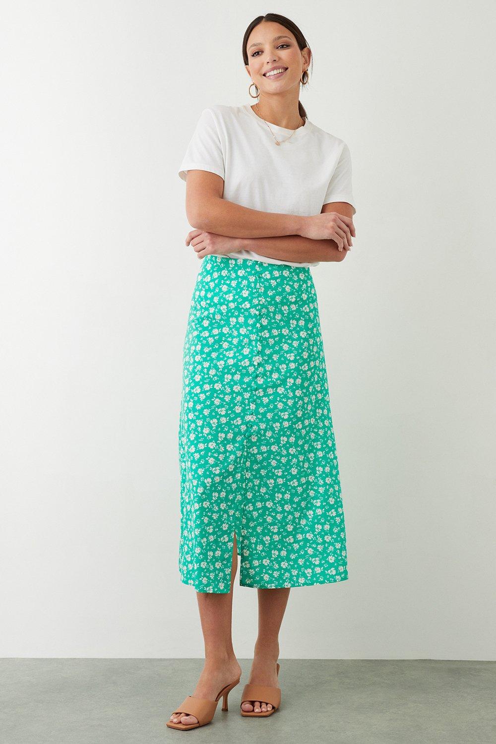 Womens Green Ditsy Button Through Midi Skirt