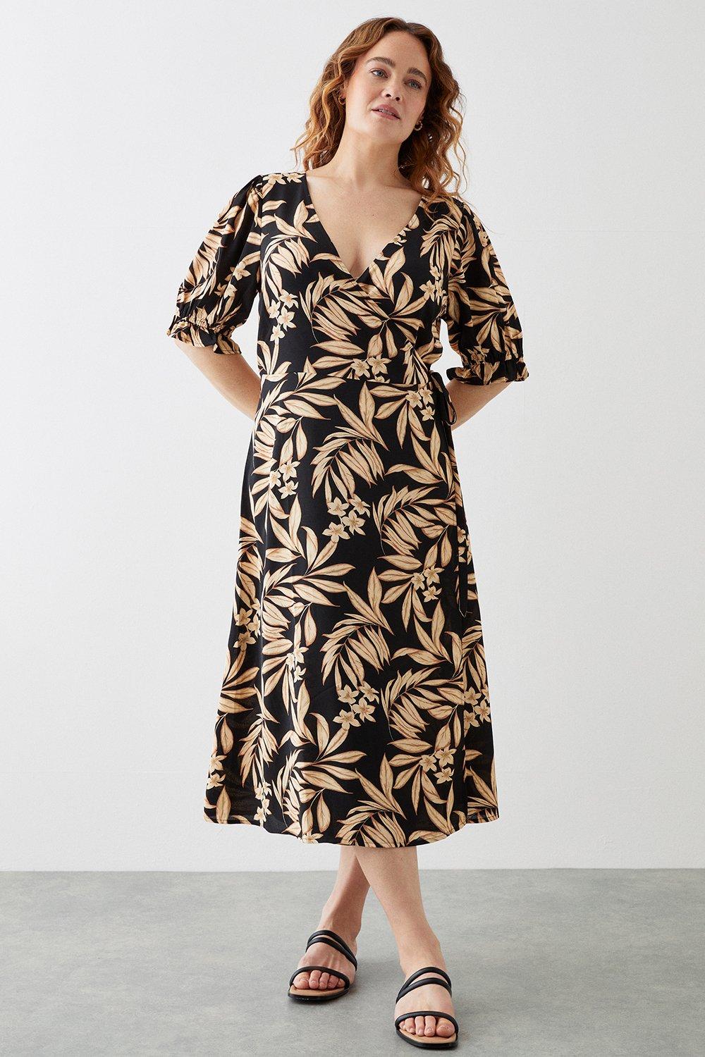 Womens Curve Black Tropical Wrap Midi Dress