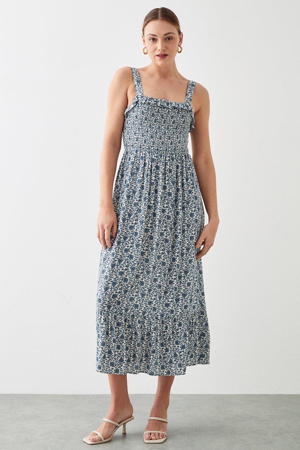 Womens Blue Ditsy Floral Shirred Tiered Midi Dress