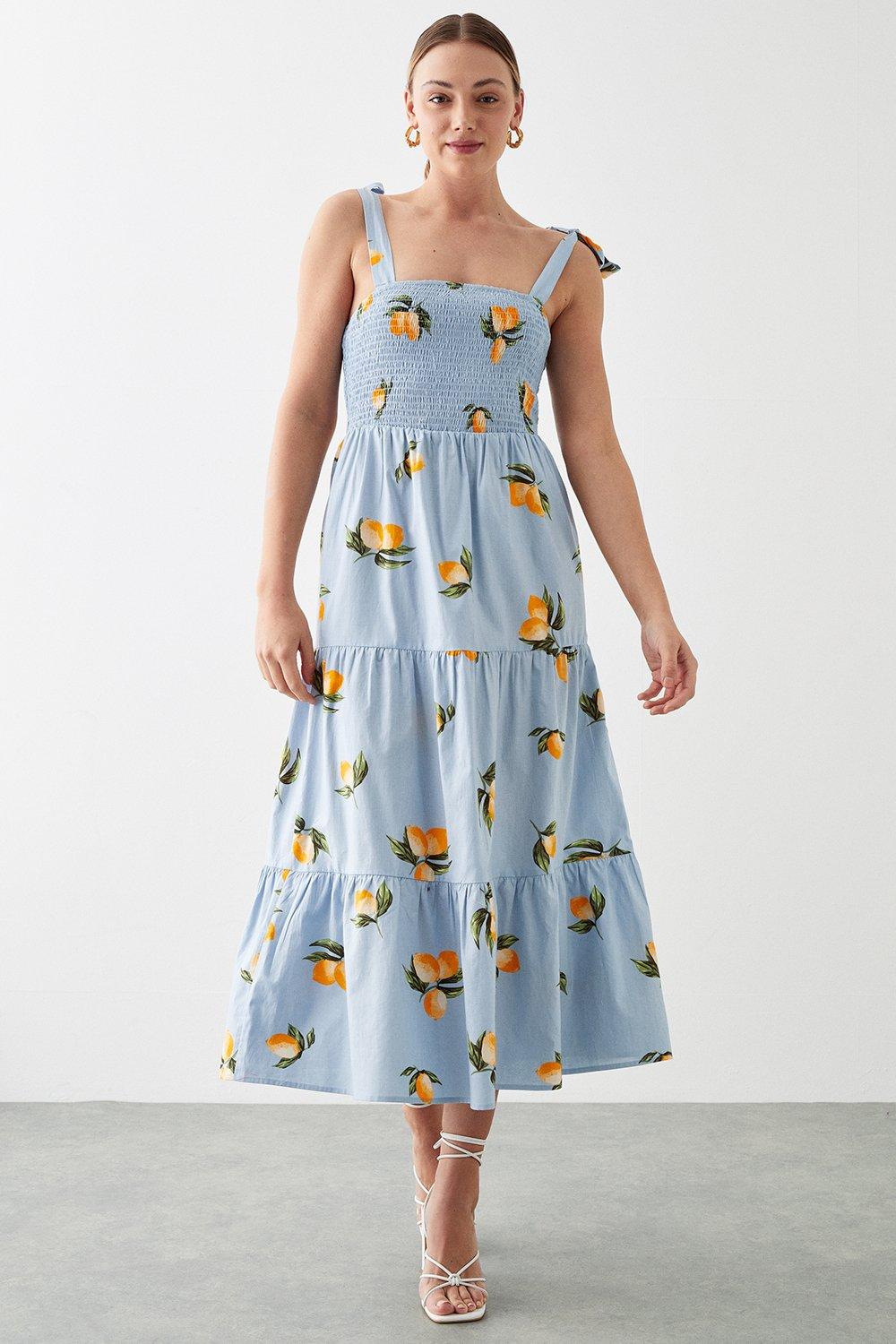 Womens Lemon Shirred Tie Strap Midi Dress