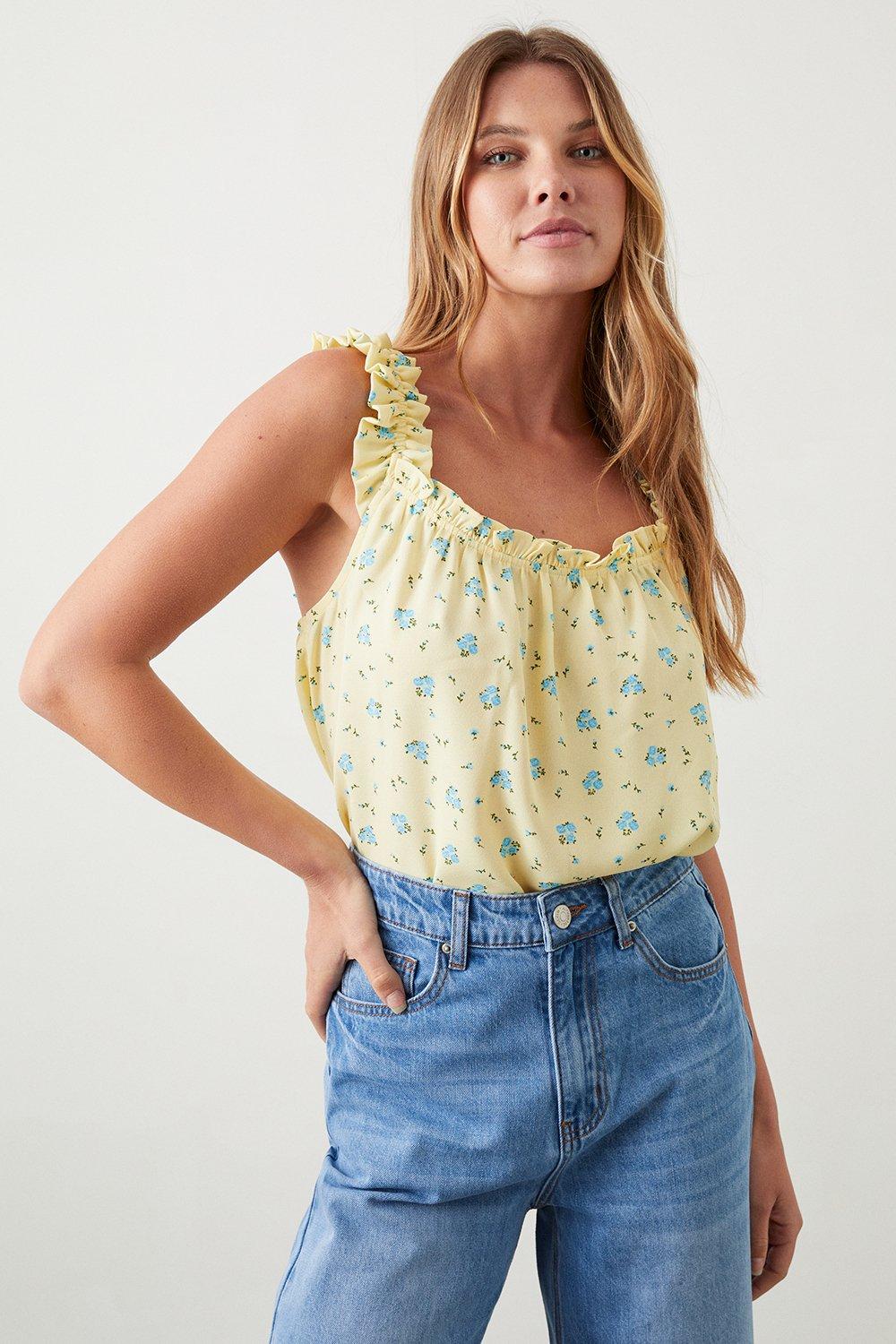 Womens Yellow Ditsy Frill Strap Cami Top
