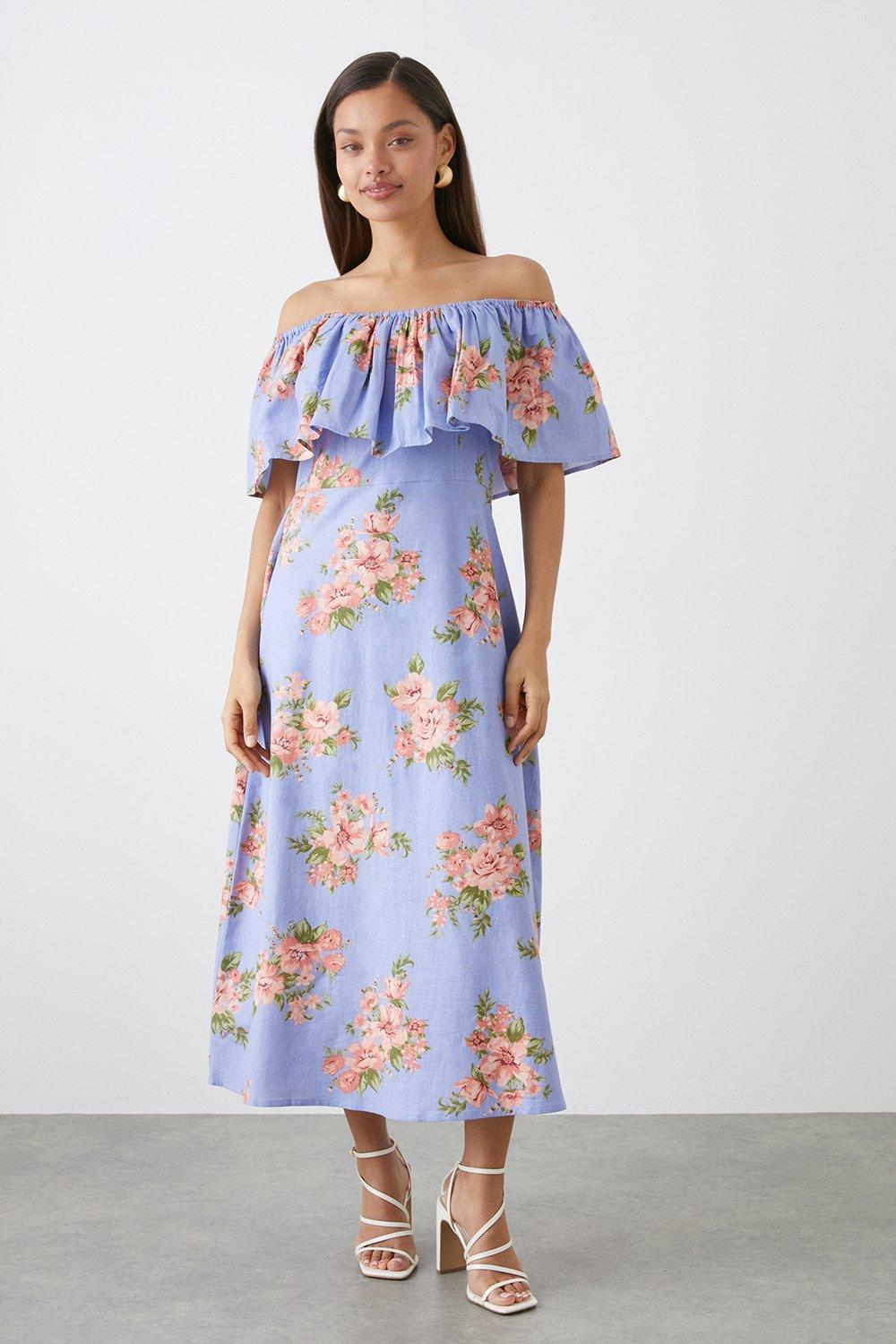 Womens Petite Blue Floral Bardot Midi Dress