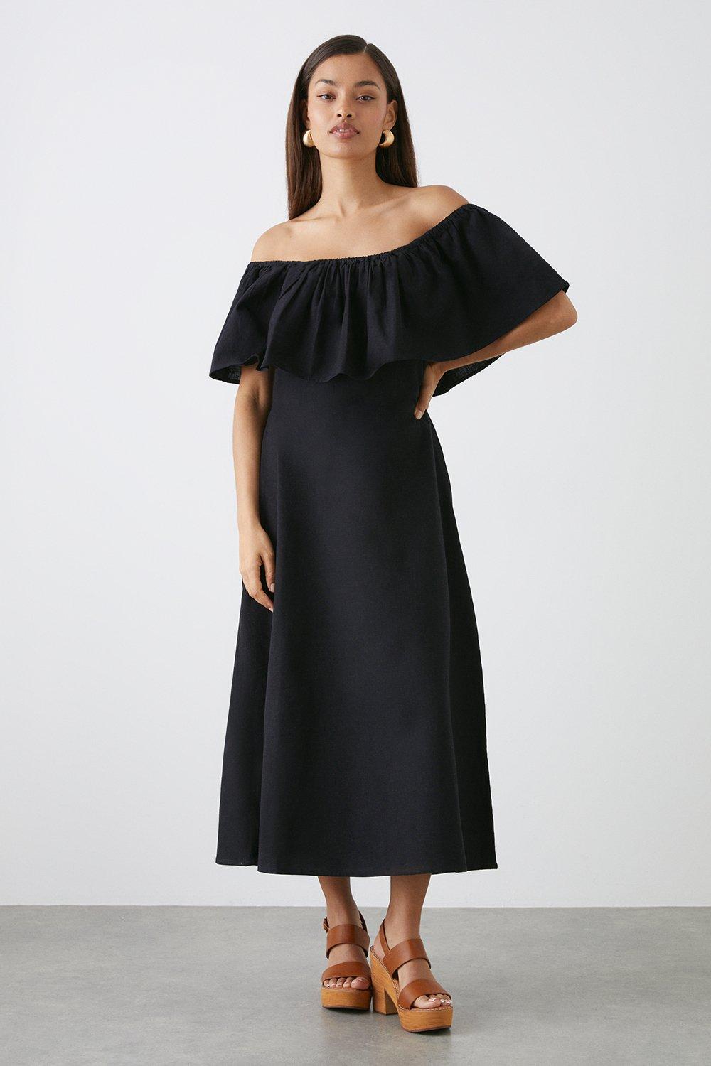 Womens Petite Black Bardot Midi Dress