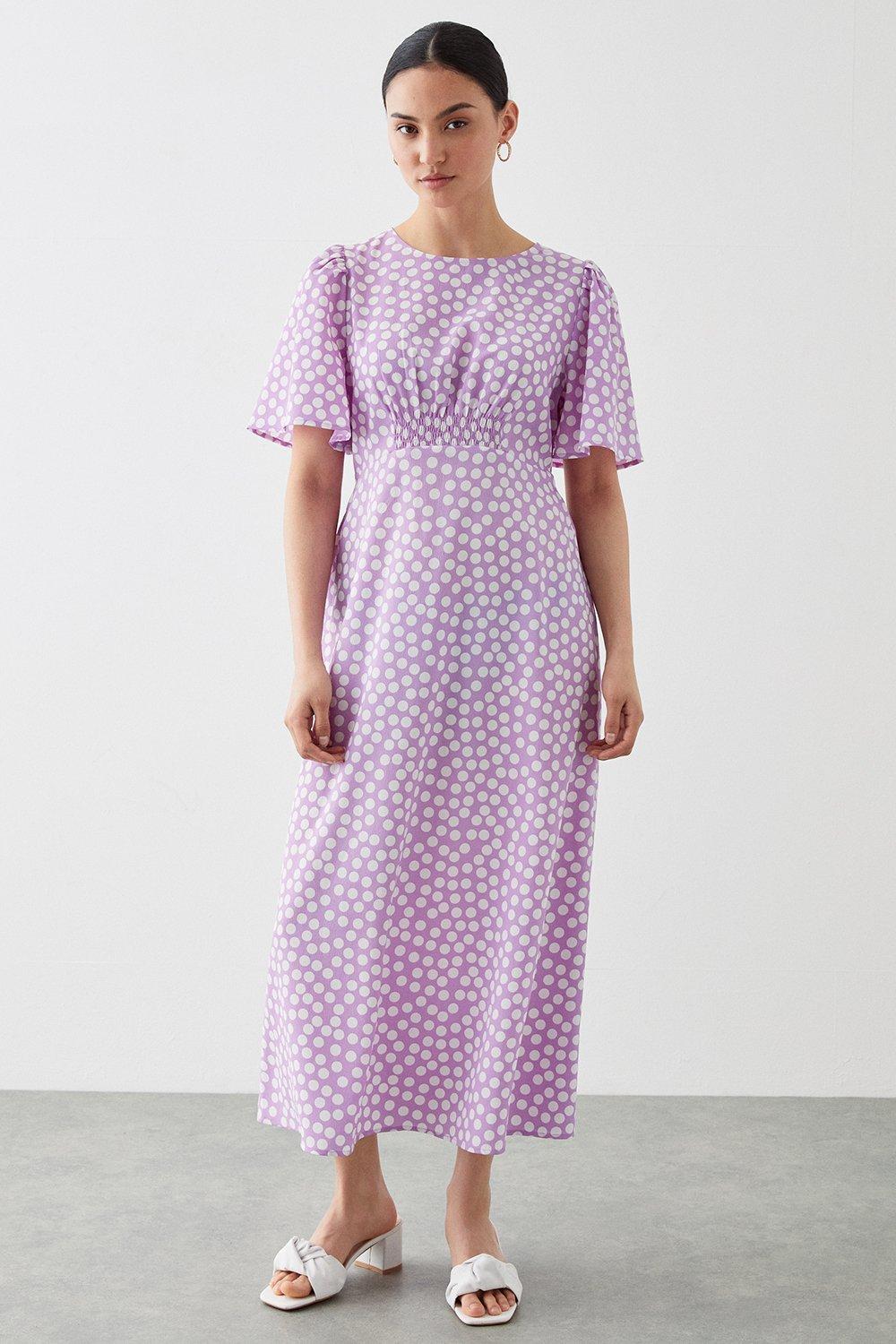 Womens Petite Lilac Spot Flutter Sleeve Shirred Waist Midi Dress
