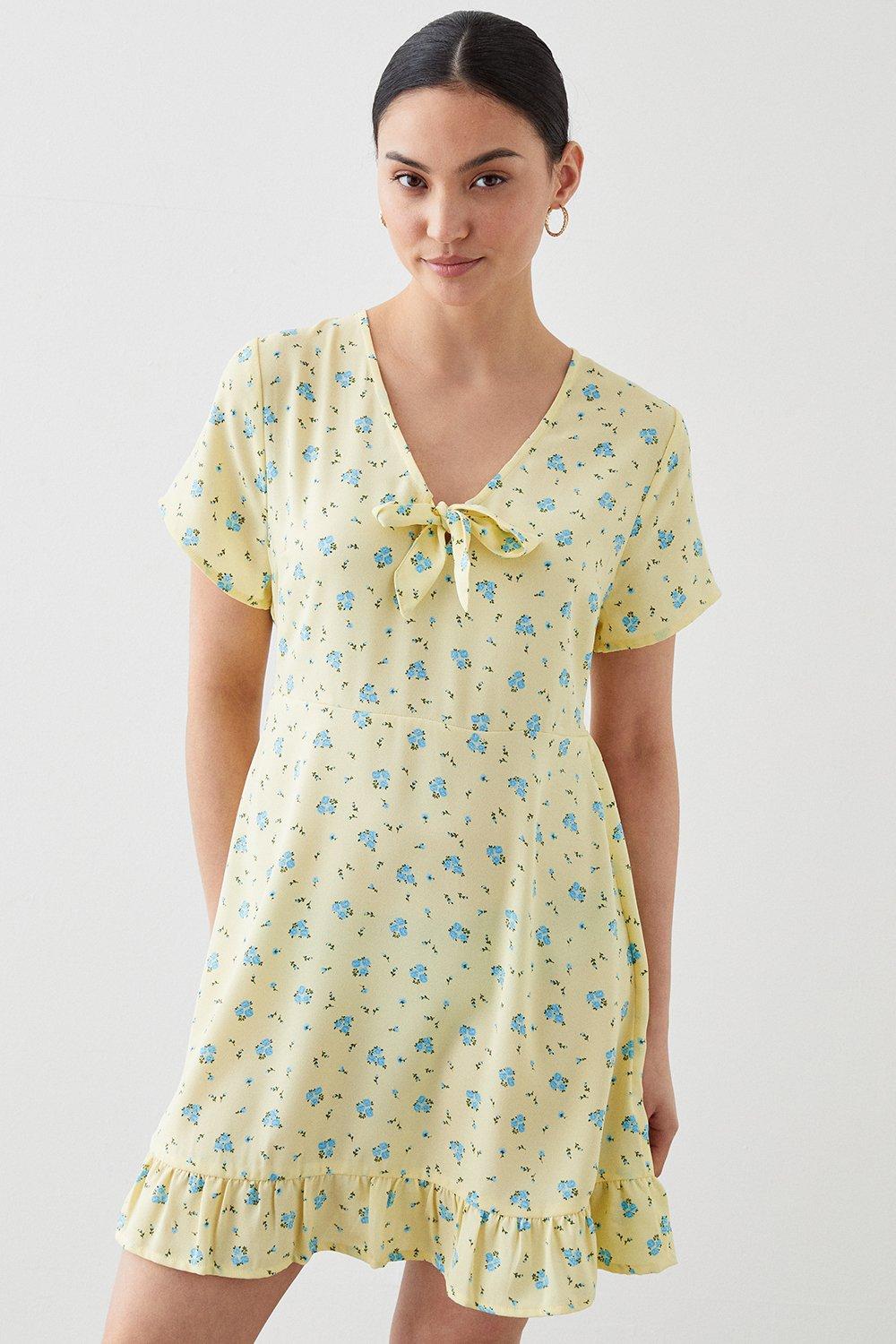 Womens Petite Yellow Ditsy Tie Front Mini Dress