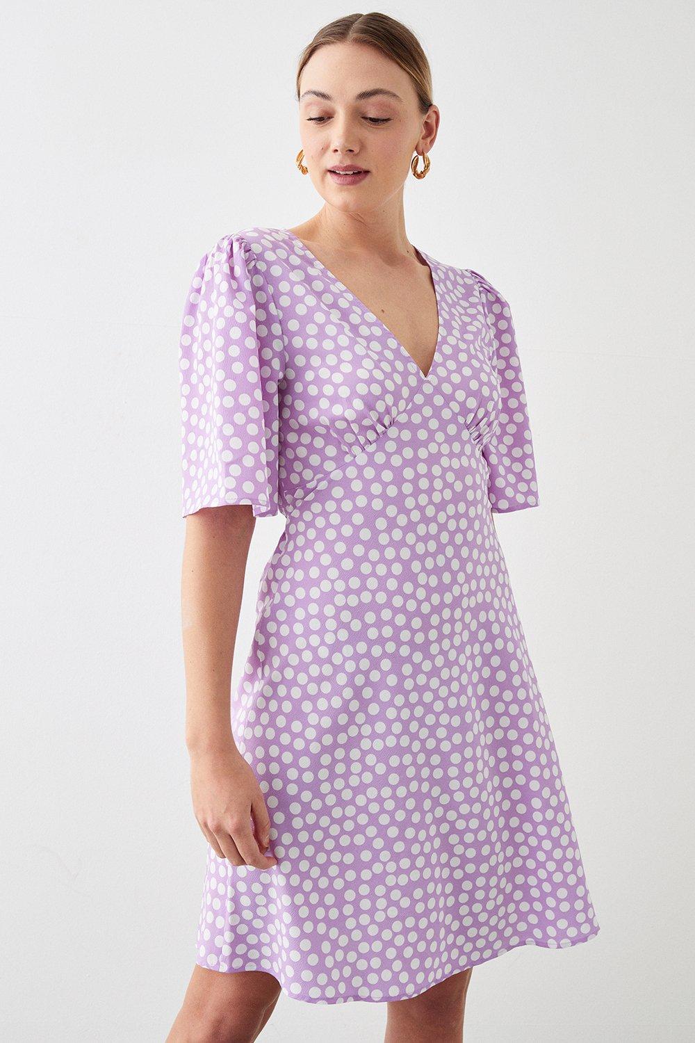 Womens Tall Lilac Spot Flutter Sleeve Mini Dress