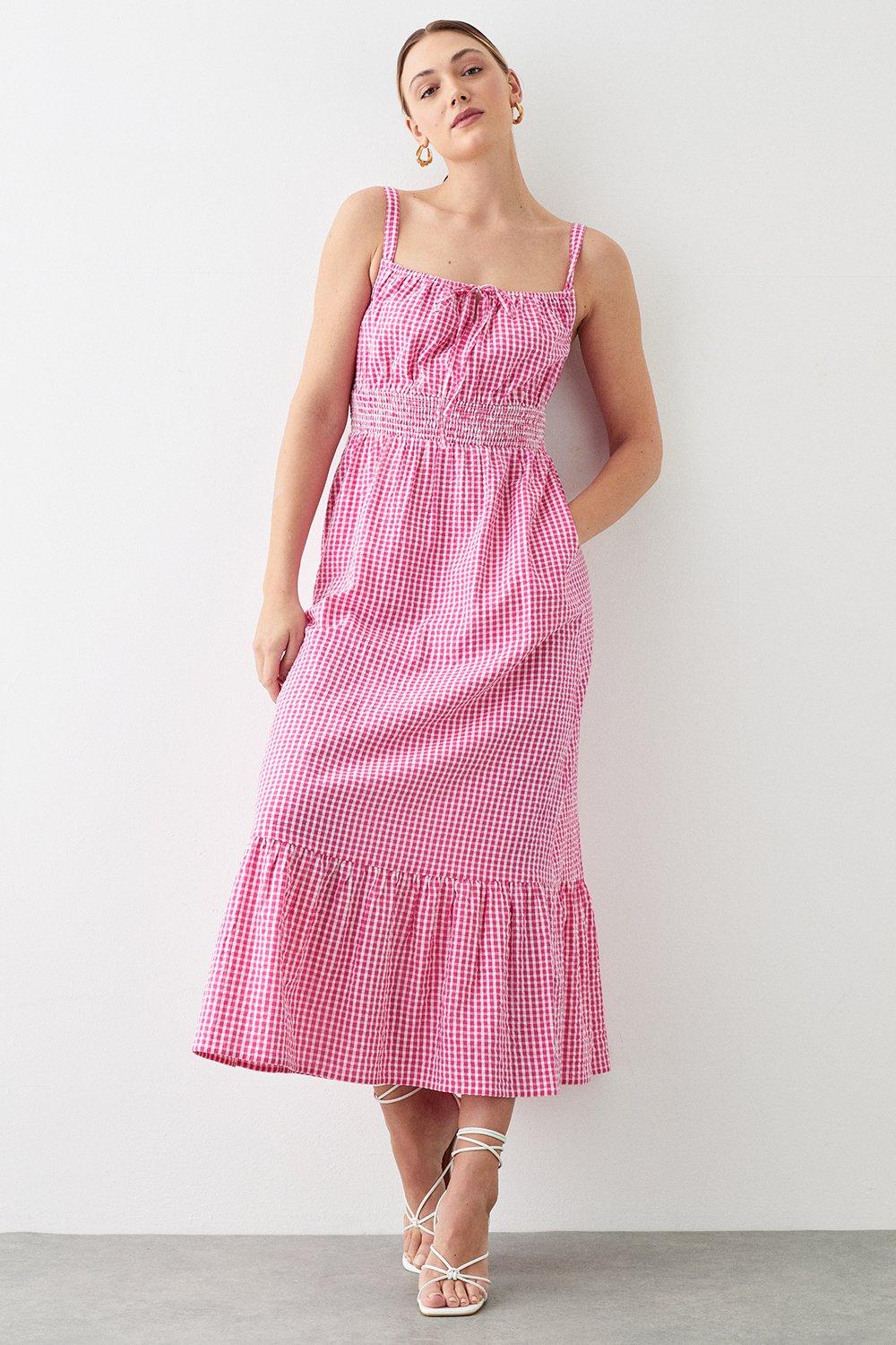 Womens Tall Pink Gingham Shirred Waist Strappy Midi Dress