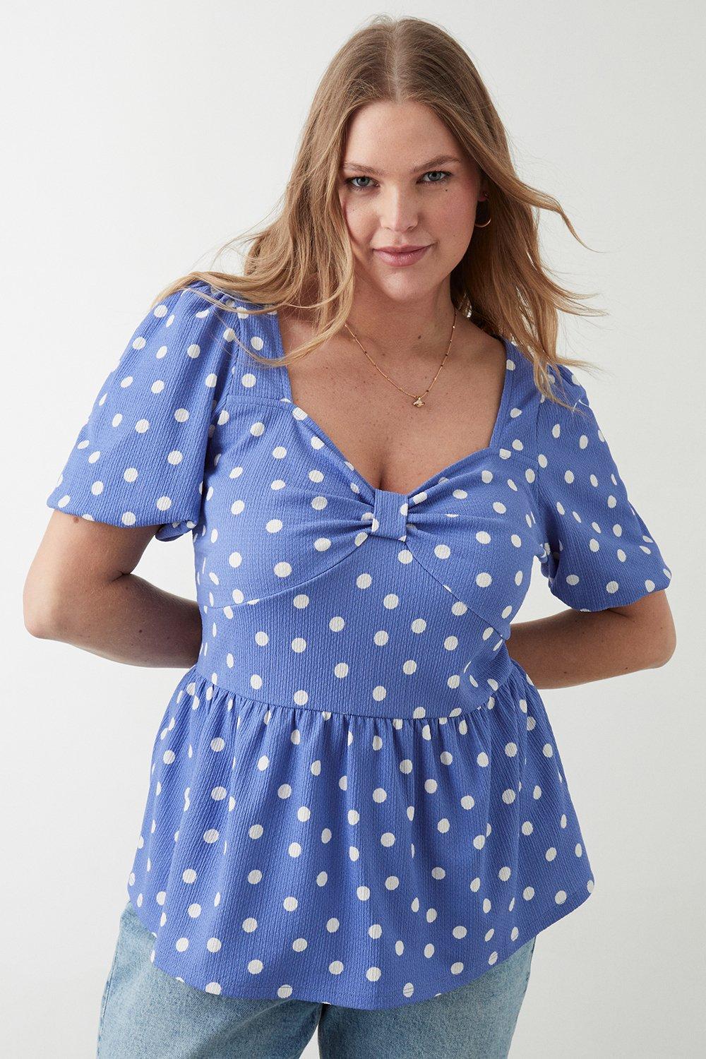 Womens Curve Blue Spot Ruched Front Blouse