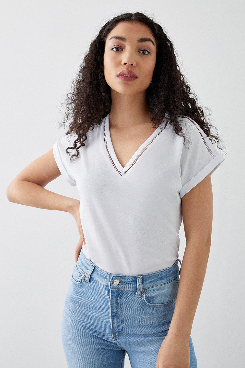 Womens V Neck Trim Detail Cotton T-Shirt
