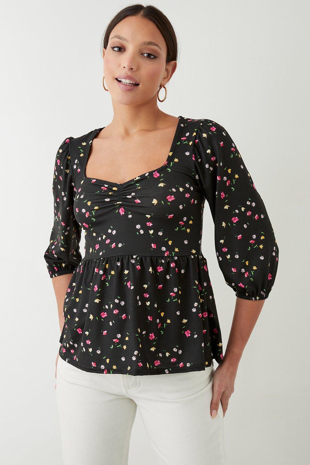 Womens Black Floral 3/4 Sleeve Ruched Front Top