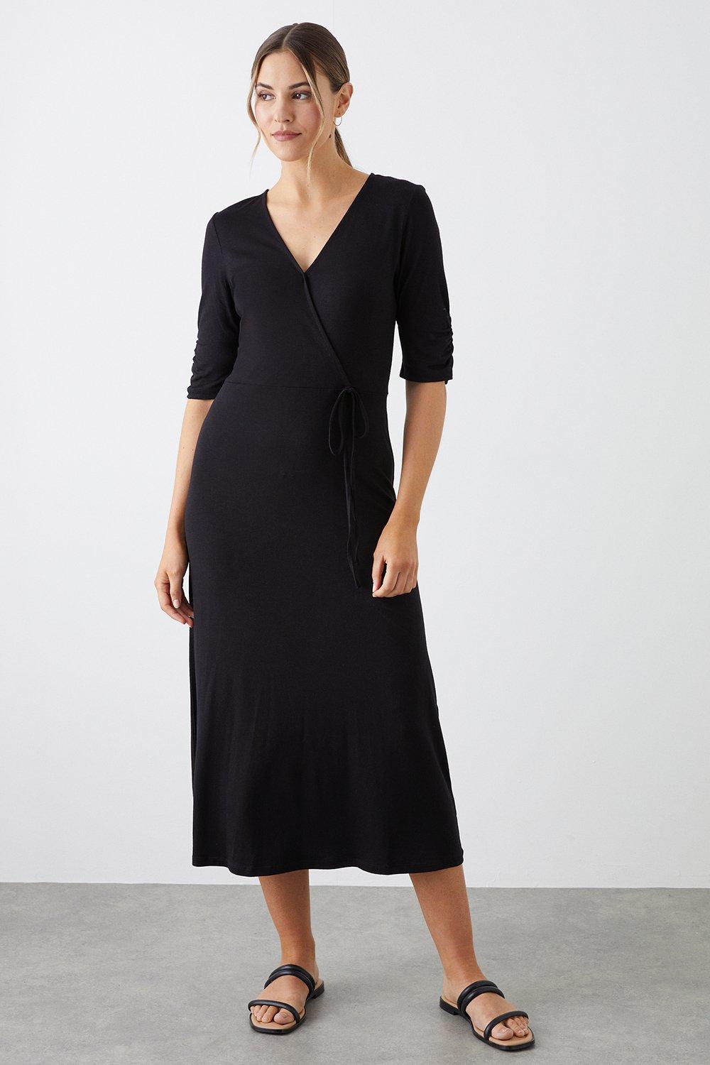 Womens Black Ruched Sleeve Wrap Midi Dress
