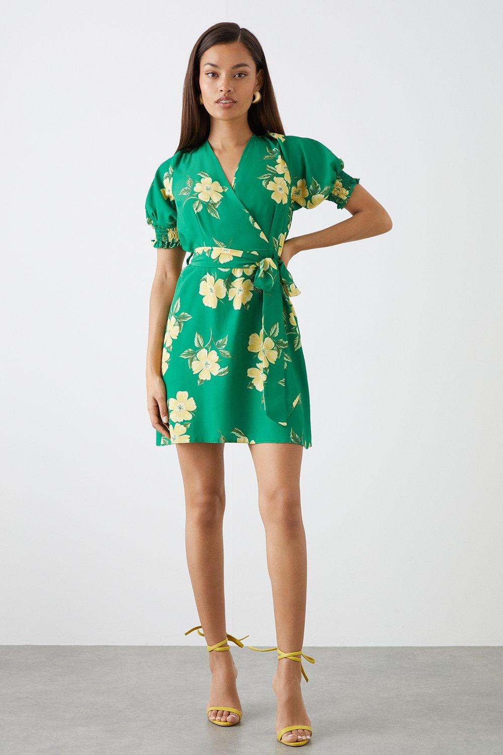 Womens Petite Green Floral Print Shirred Cuff Wrap Mini Dress