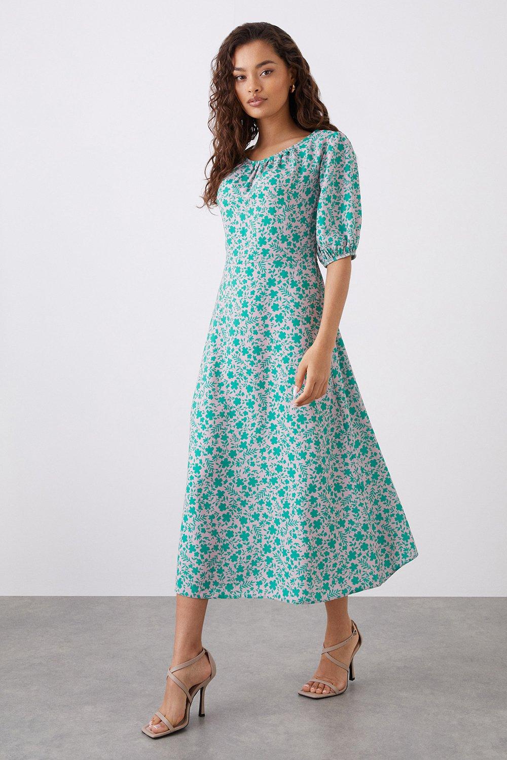 Womens Petite Green Ditsy Print Puff Sleeve Midi Dress