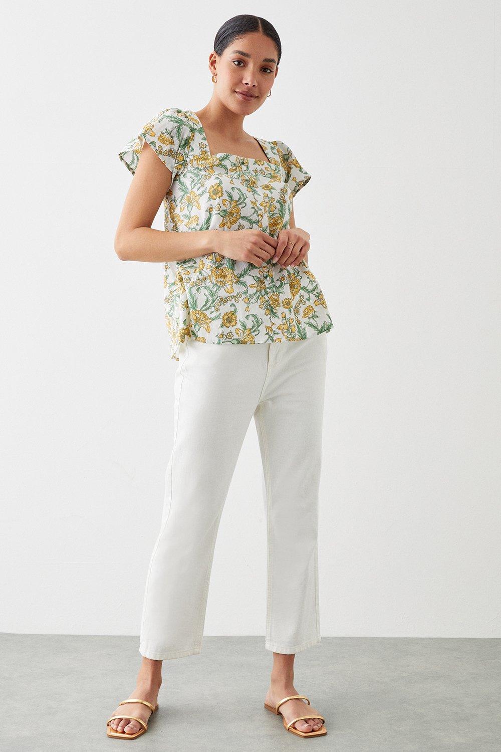 Womens Yellow Floral Button Front Blouse