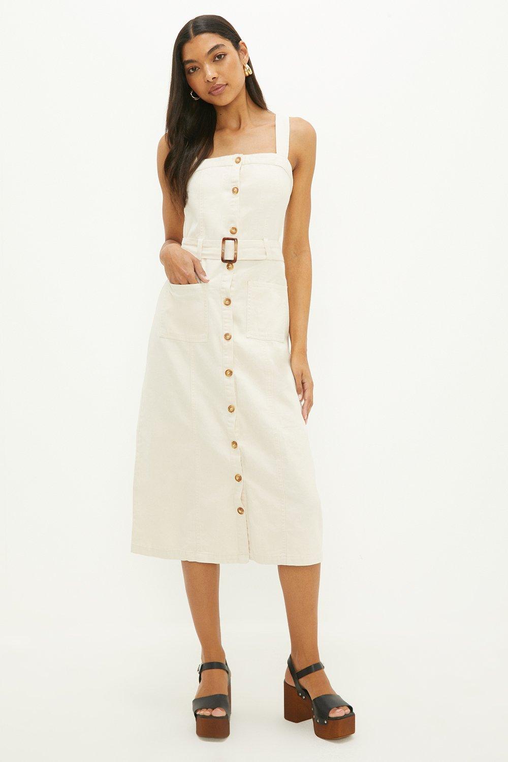 Womens Belted Square Neck Midi Dress