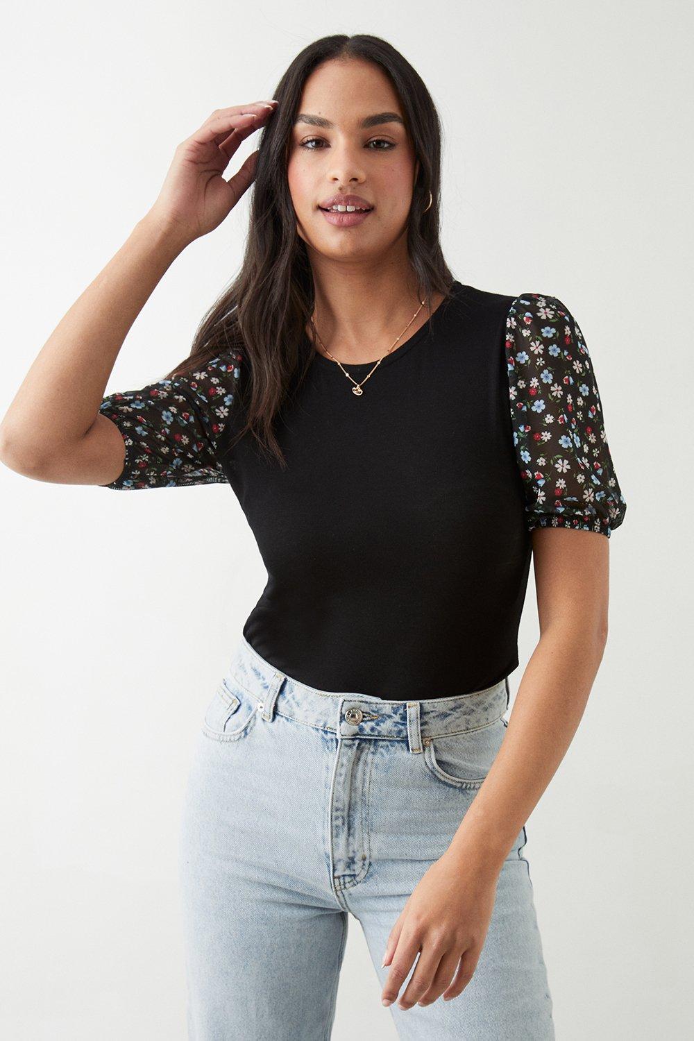 Womens Floral Contrast Mesh Sleeve Top