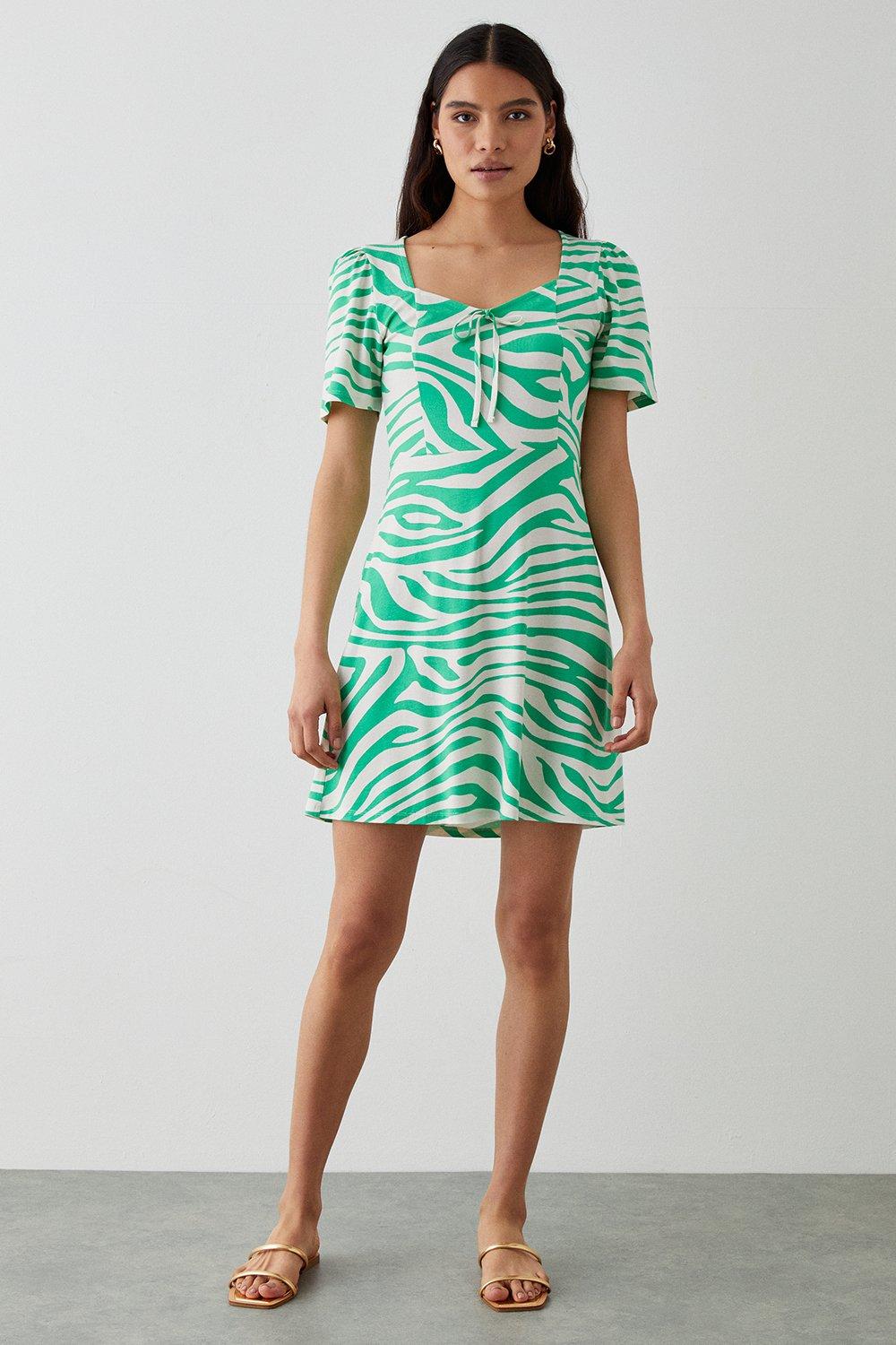 Womens Green Zebra Tie Front Mini Dress