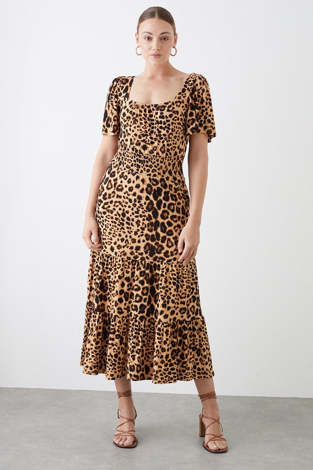 Womens Tall Leopard Shirred Waist Tiered Angel Sleeve Midi Dress
