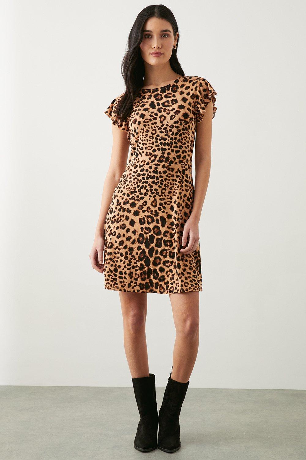 Womens Leopard Printed Ruffle Shoulder Mini Dress