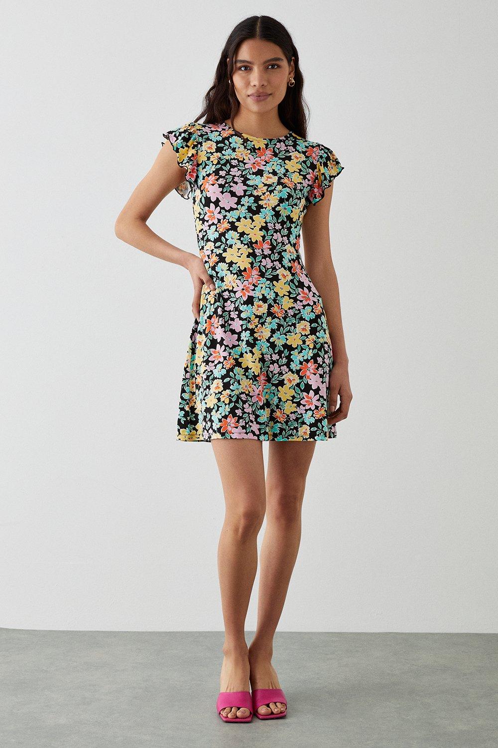 Womens Multi Floral Ruffle Shoulder Mini Dress