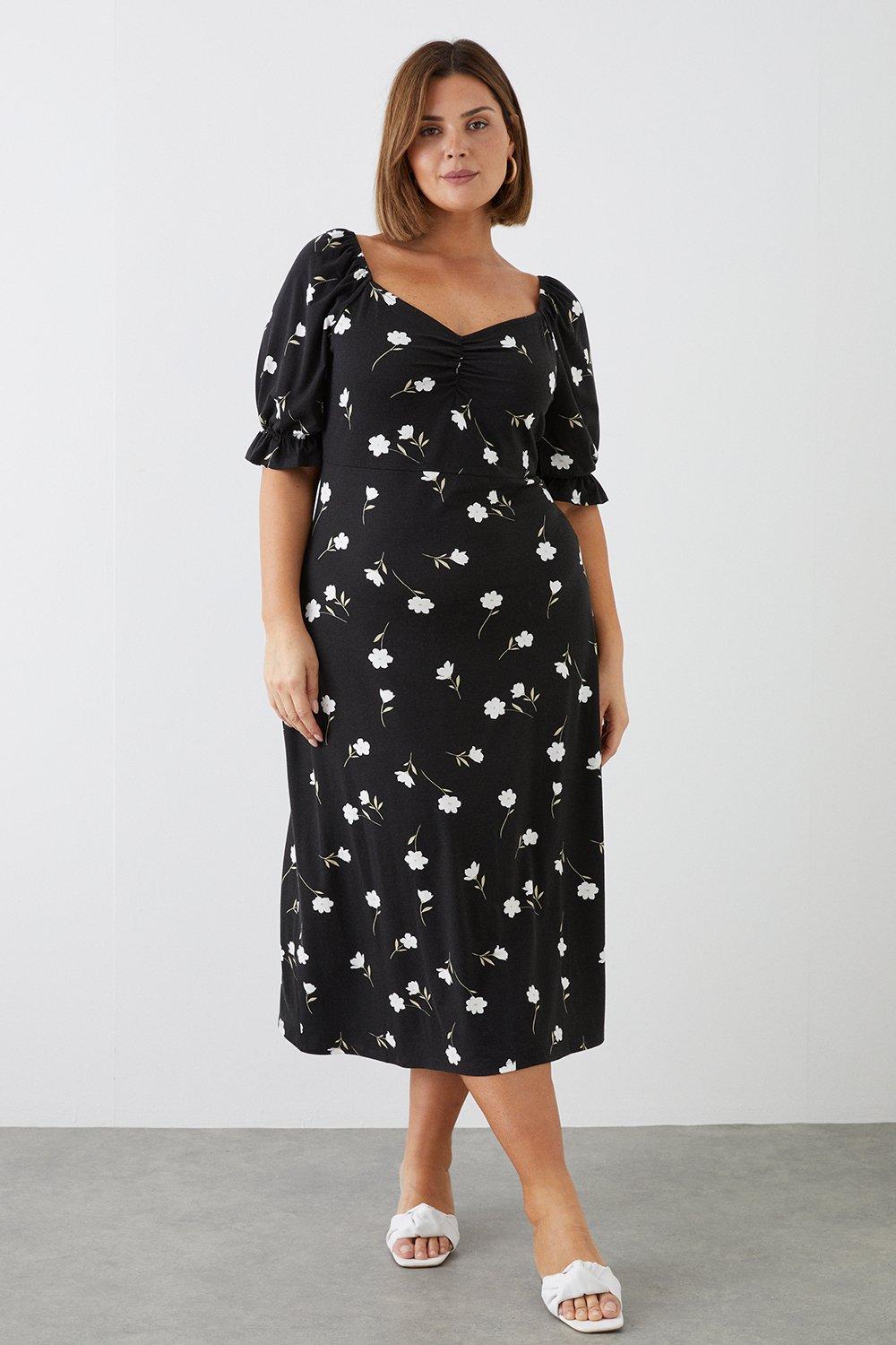 Womens Curve Black Floral Ruched Front Short Sleeve Midi Dress