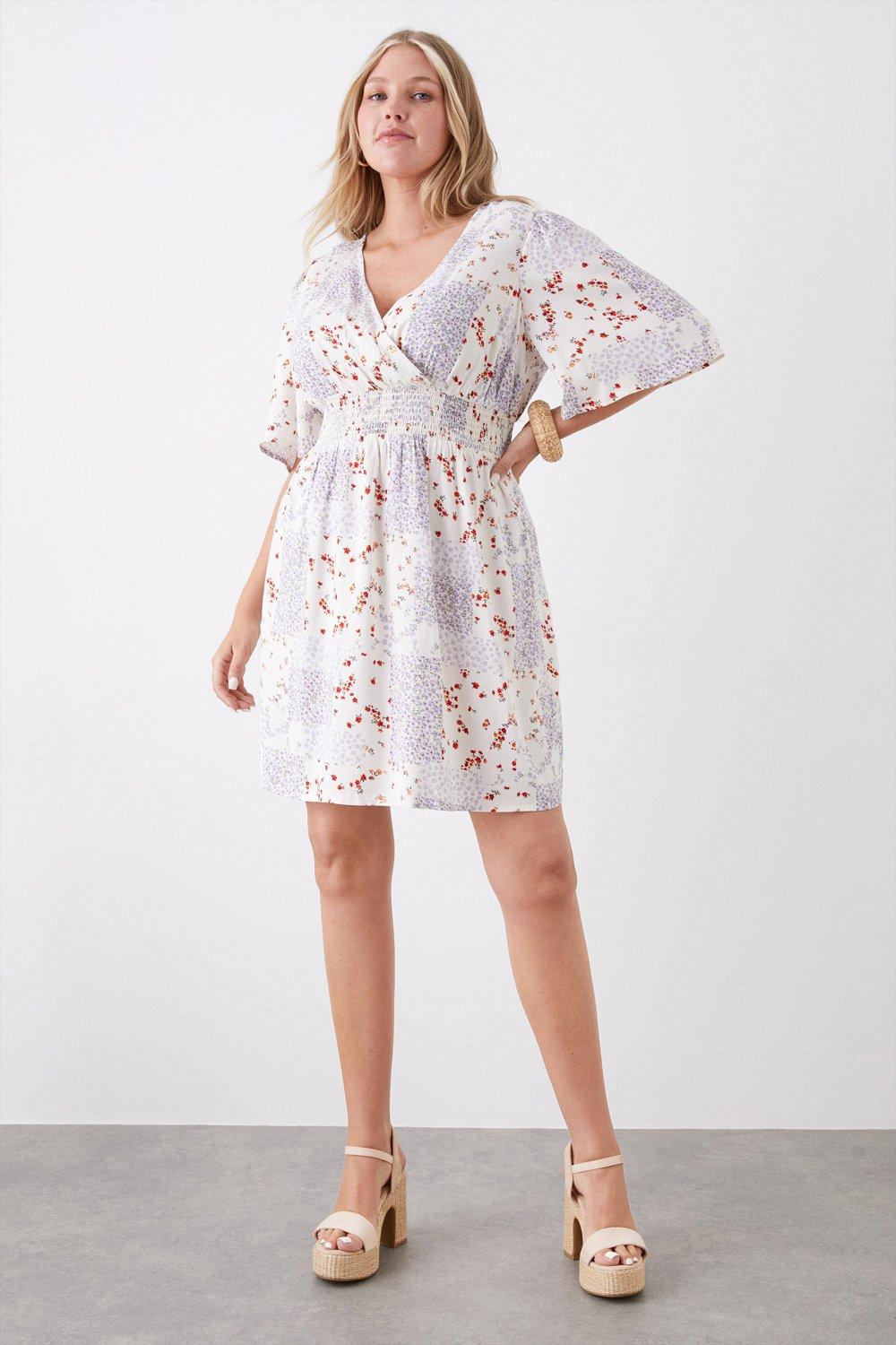 Womens Curve  Floral Shirred Waist Angel Sleeve Wrap Mini Dress