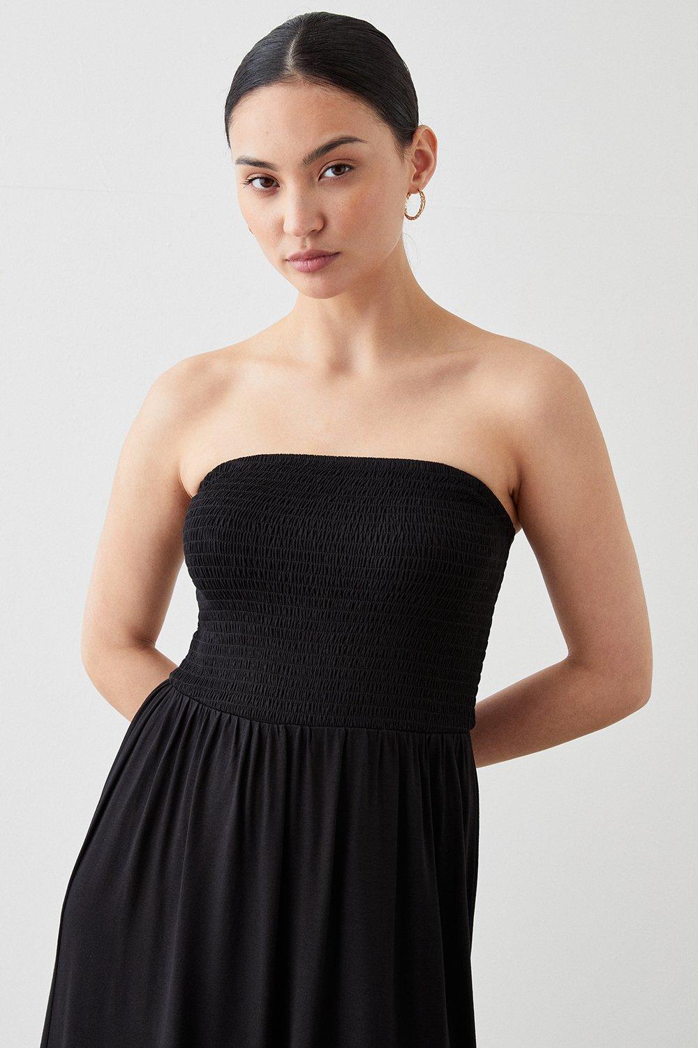 Womens Petite Black Shirred Bodice Bandeau Midi Dress