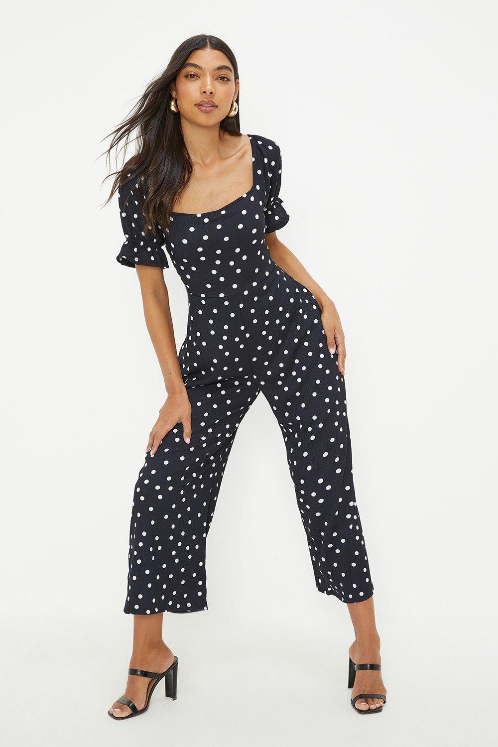 Womens Navy Spot Printed Textured Square Neck Jumpsuit