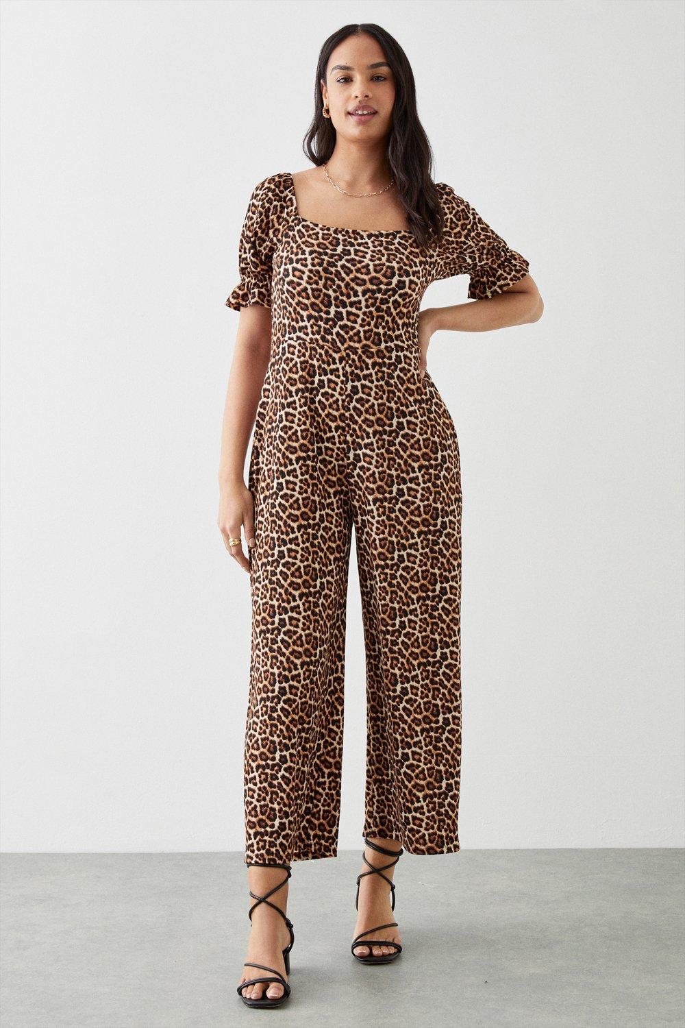 Womens Leopard Printed Textured Square Neck Jumpsuit