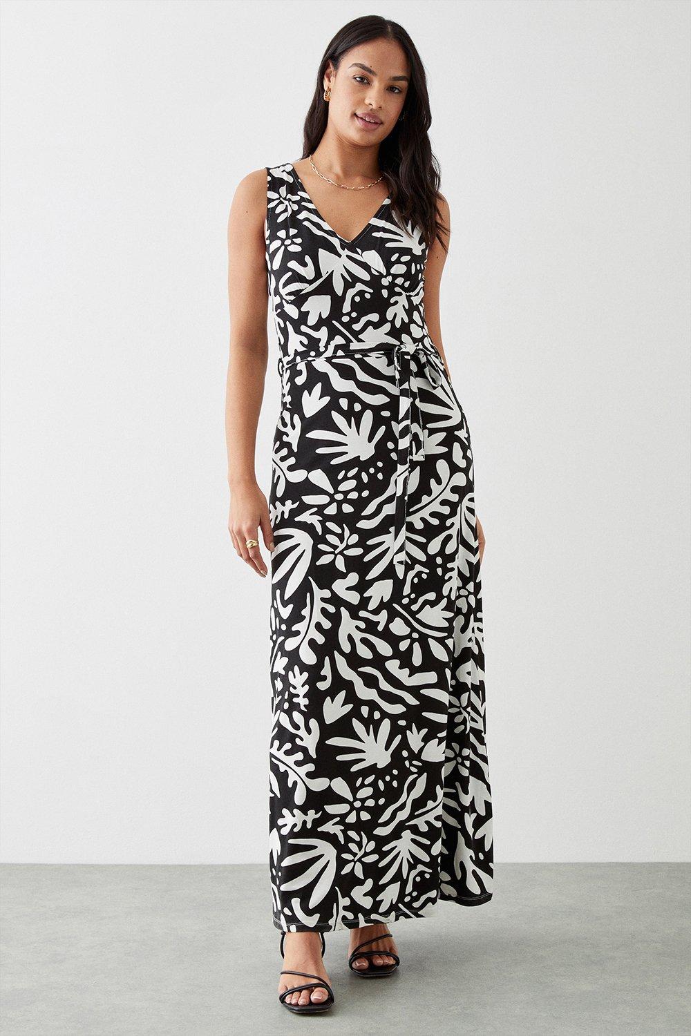 Womens Black Palm Print V Neck Belted Maxi Dress