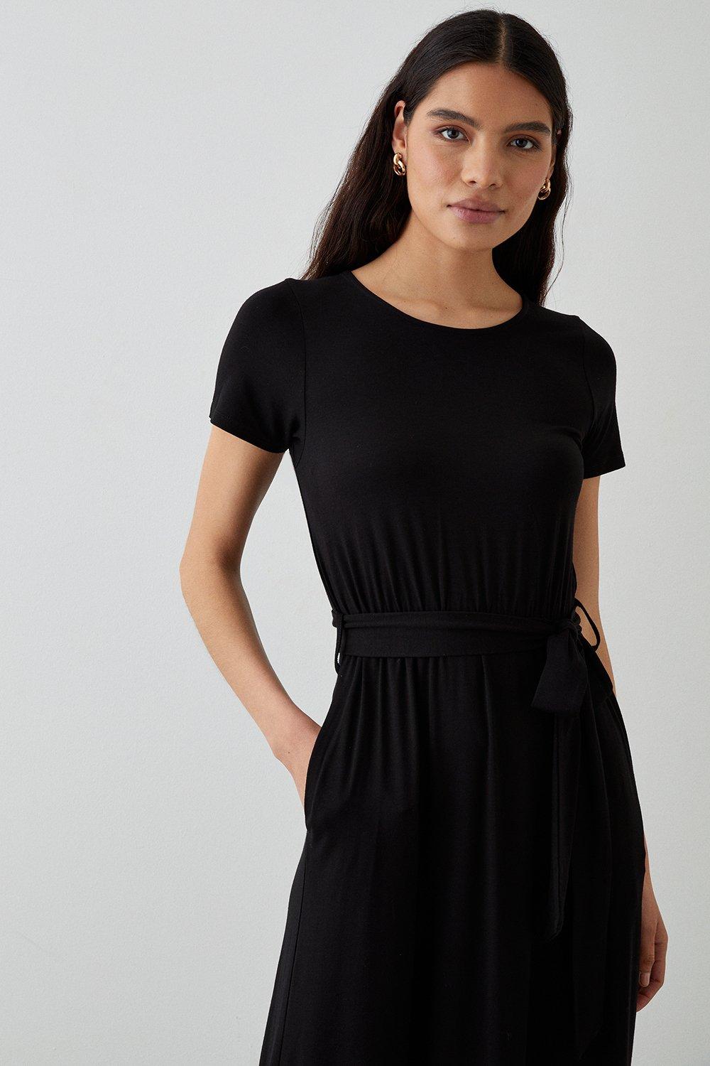 Womens Black Belted Midi T-shirt Dress