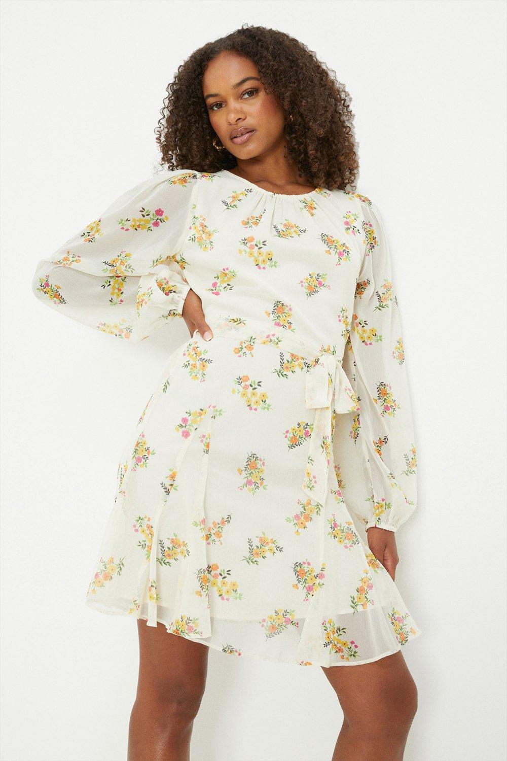 Womens Tall Ivory Ditsy Print Chiffon Full Hem Mini Dress