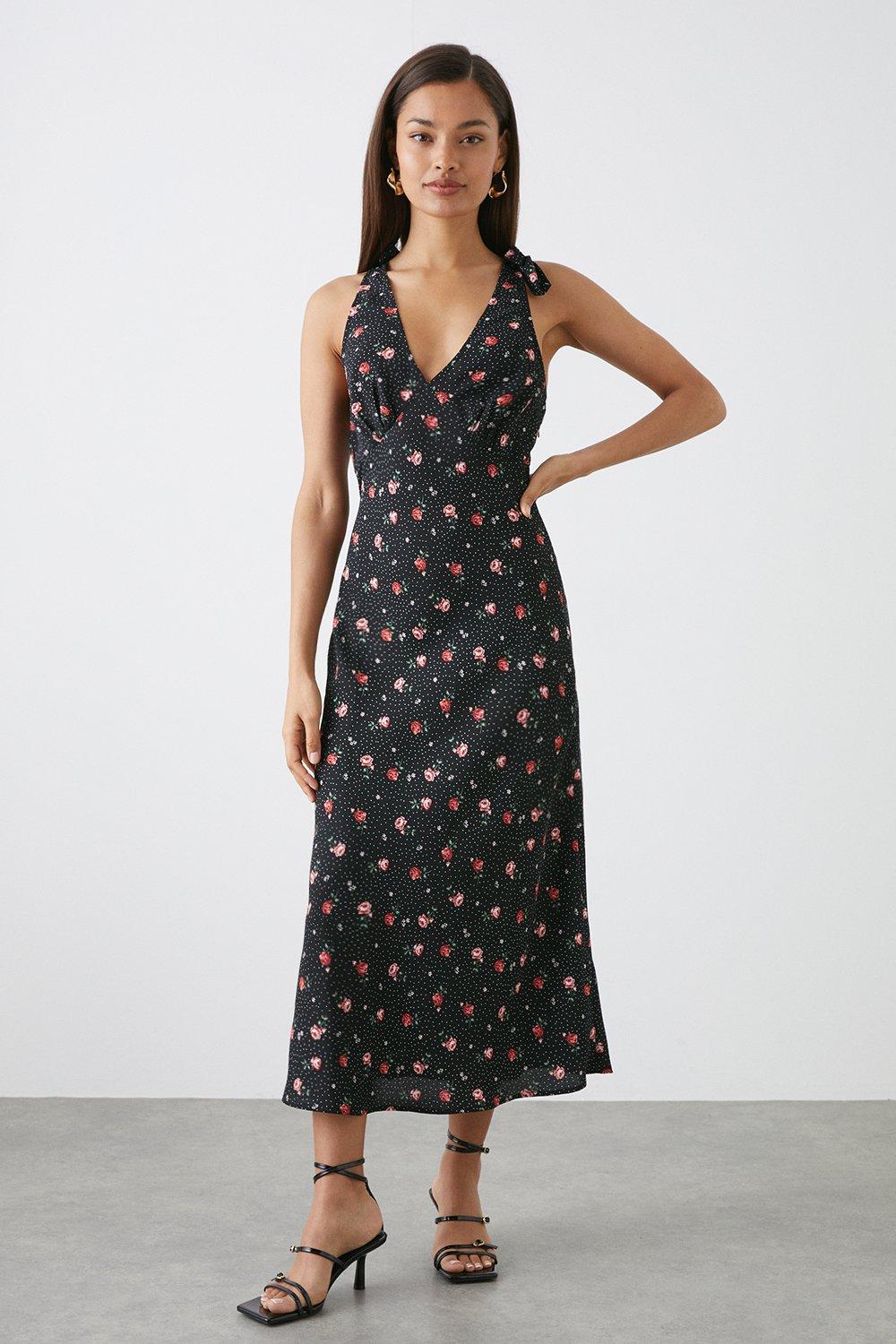 Womens Petite Black Floral Print Bias Cut Tie Shoulder Midi Dress