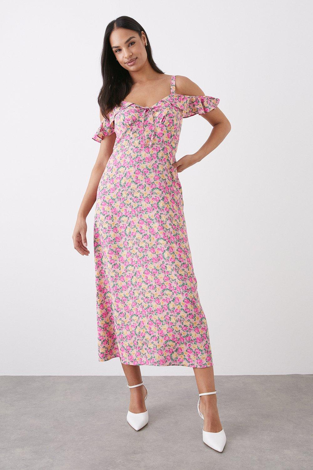 Womens Pink Floral Print Cold Shoulder Midi Dress