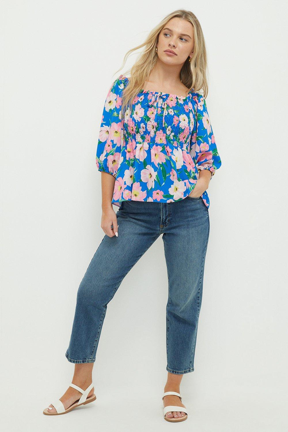 Womens Petite Blue Floral Shirred Blouse
