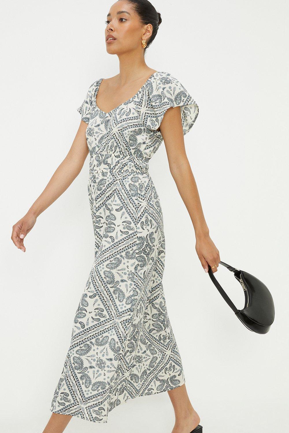 Womens Ivory Scarf Print Flutter Sleeve Midi Dress