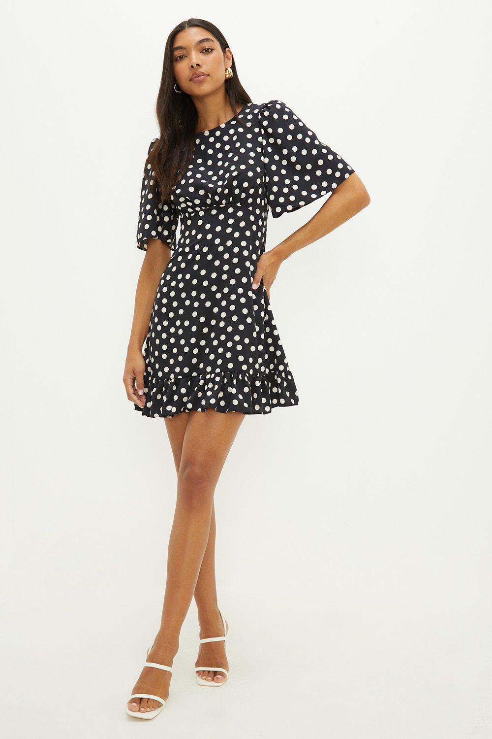 Womens Mono Spot Print  Flutter Sleeve Mini Dress